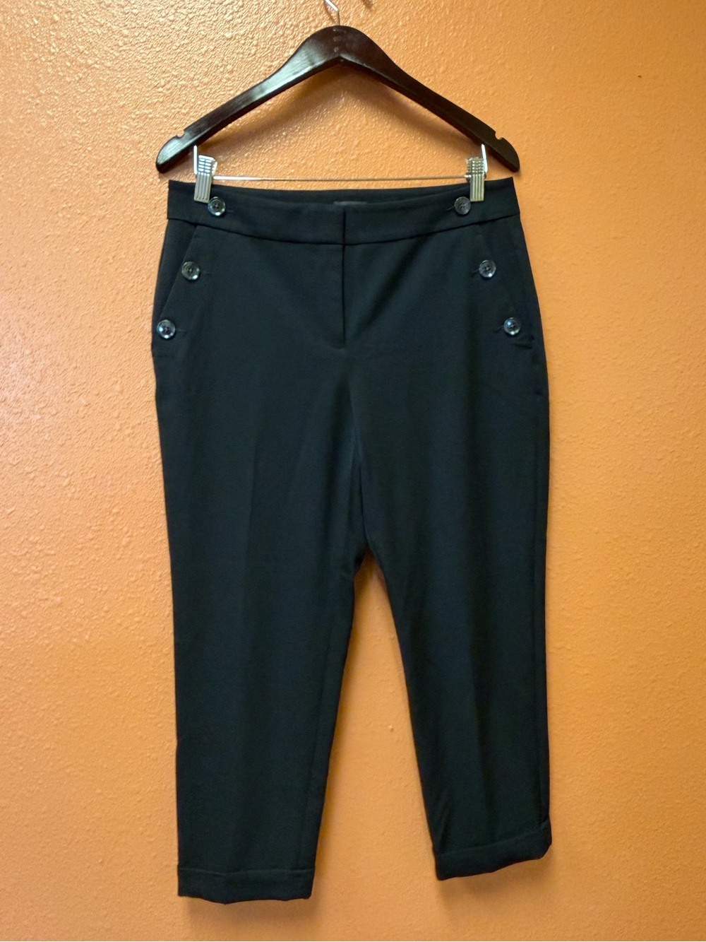LOFT Black Cropped Pull-On Ponte Pants with Button Detail
